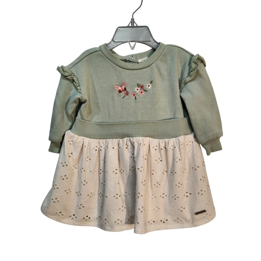 Kensie Baby‎ Girl Mint Green Sweater Dress Eyelet Skirt Butterfly Embroidery 12M